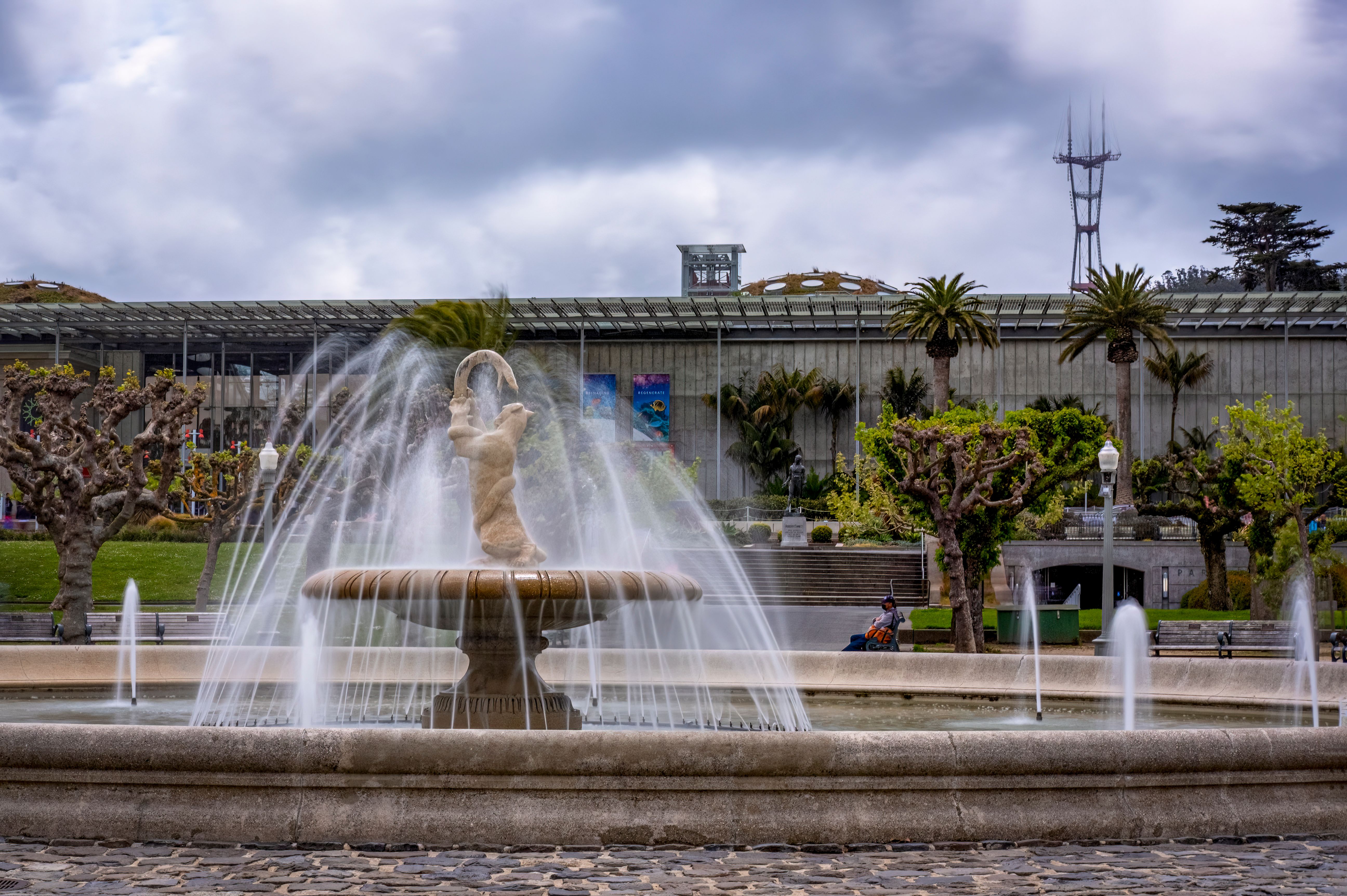 Fountain in Golden Gate Park with San Francisco's Sutro Tower visible in the background.